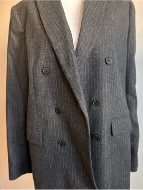 Zara Double-Breasted Pinstripe Wool Blazer Coat - Charcoal Gray